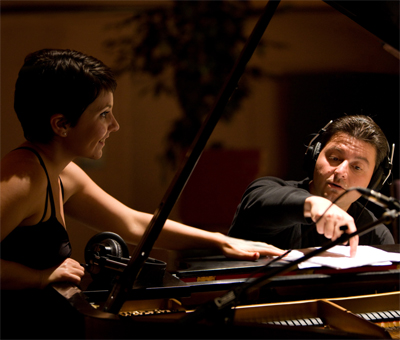 Gergana Velinova and Walter Martella at the Steinway work on the music for "Softly." [Photo by Robert Colasanto]